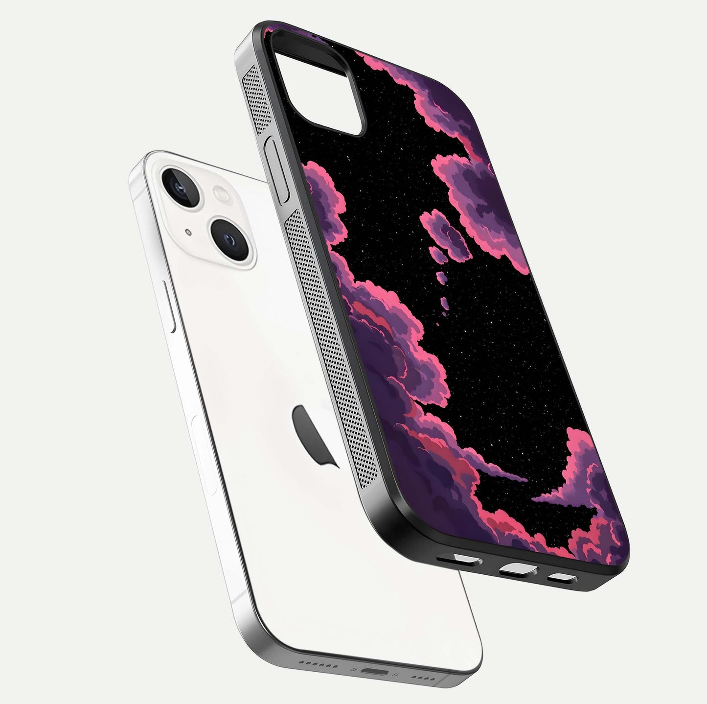 Cosmic Cloud Journey Glass Case for iPhone 14 Plus floating mockup showing HD gloss and cosmic gradient