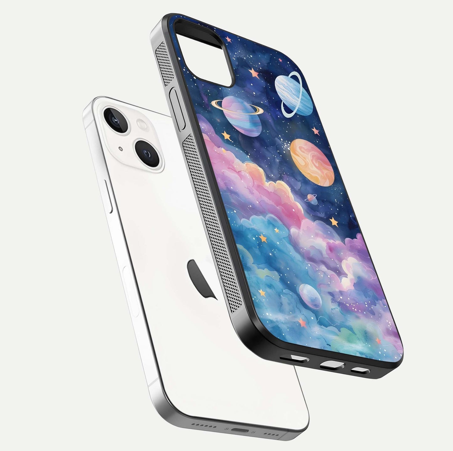 Cosmic Planet Dreams Glass Case for iPhone 14 Plus floating mockup showing HD gloss and cosmic reflection