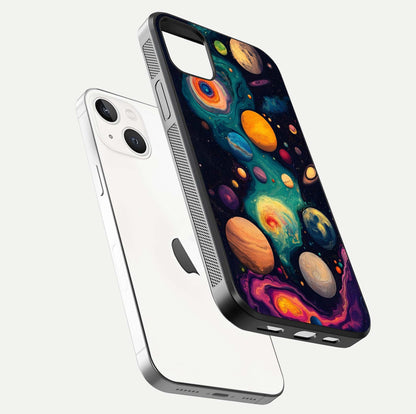 Cosmic Planet Journey Glass Case for iPhone 14 Plus floating mockup showing gloss gradient and deep shine