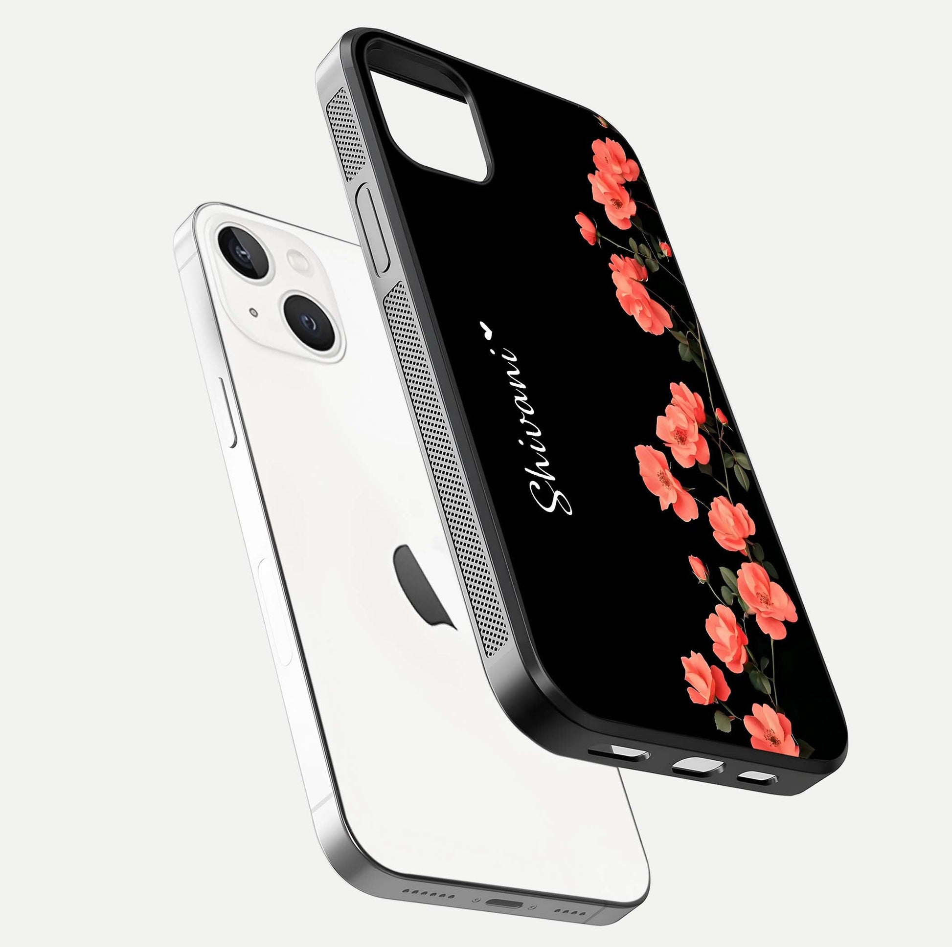 Crimson Bloom Grace Custom Name Glass Case for iPhone 14 Plus floating mockup showing HD gloss and floral tones