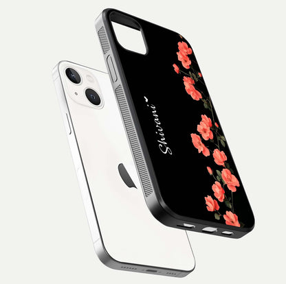 Crimson Bloom Grace Custom Name Glass Case for iPhone 14 Plus floating mockup showing HD gloss and floral tones