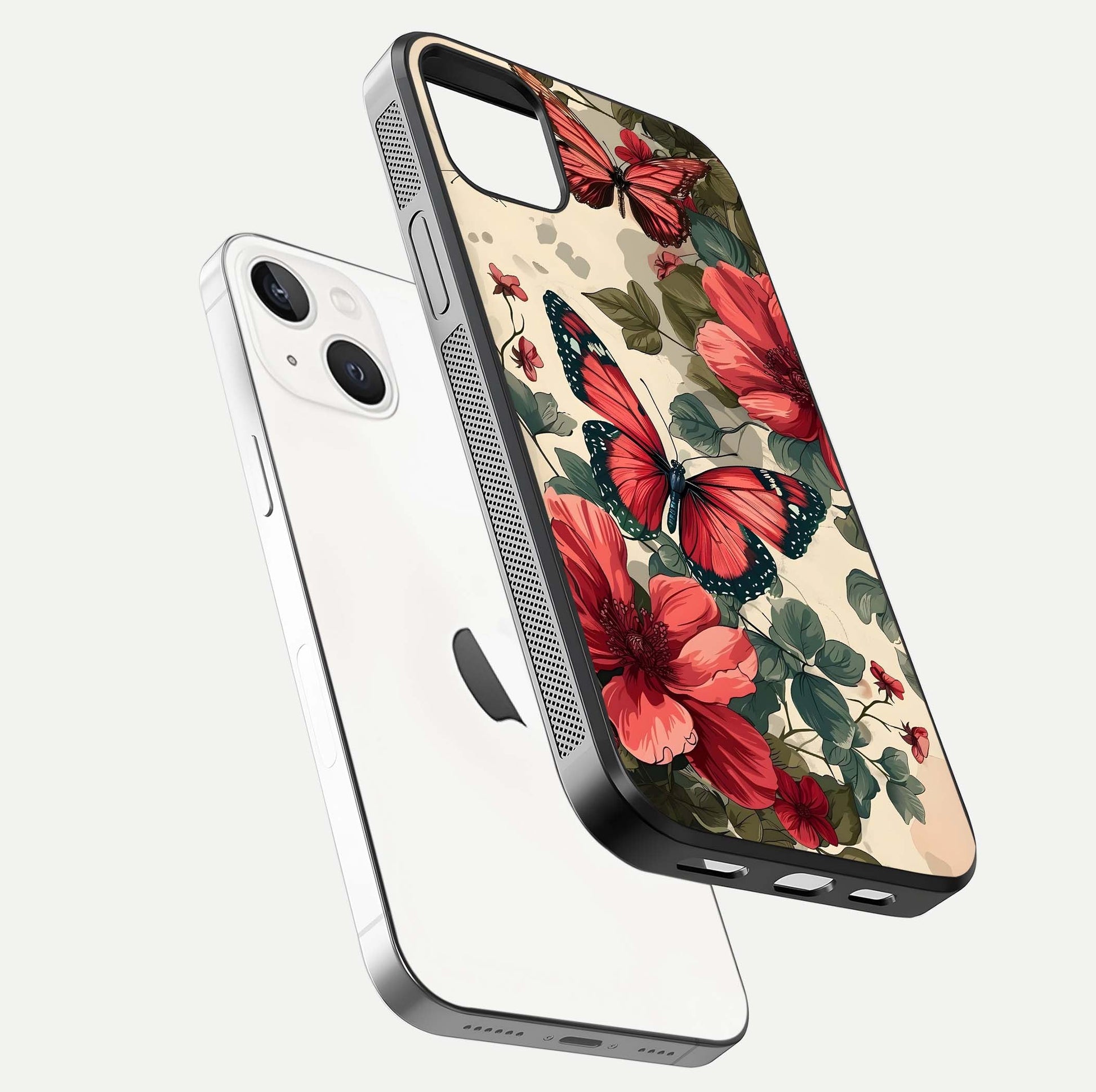 Crimson Butterfly Garden Glass Case for iPhone 14 Plus floating mockup showing HD gloss and vivid art