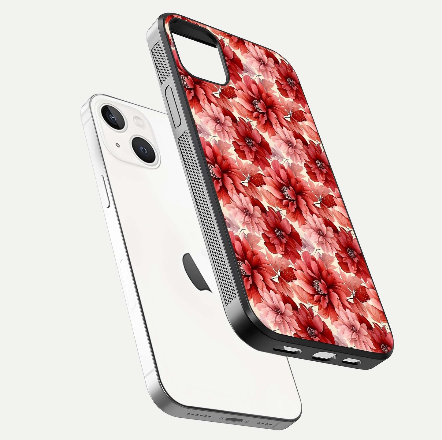 Crimson Love Petals Glass Case for iPhone 14 Plus floating mockup showing HD gloss and vivid detail