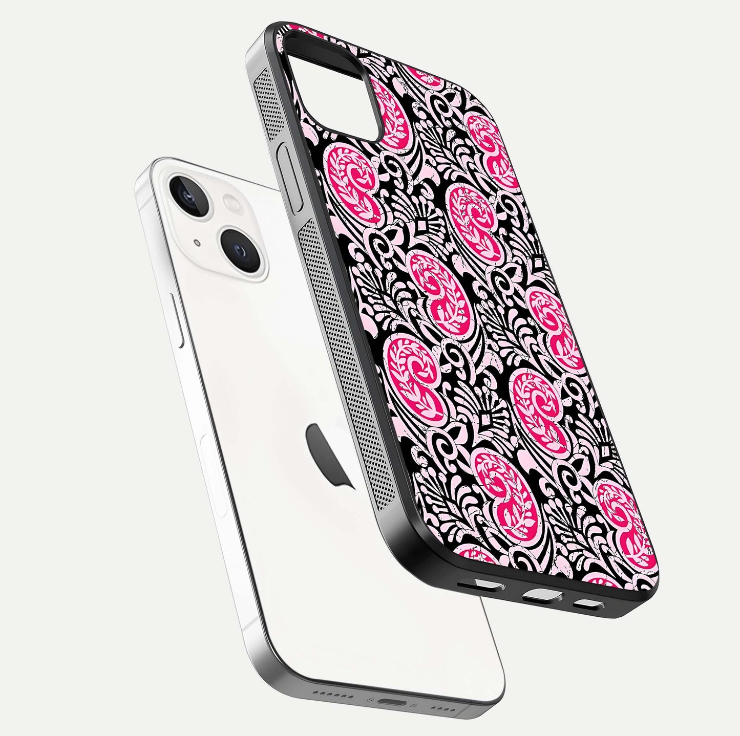 Crimson Paisley Charm Glass Case for iPhone 14 Plus floating mockup showing gloss shine and texture clarity