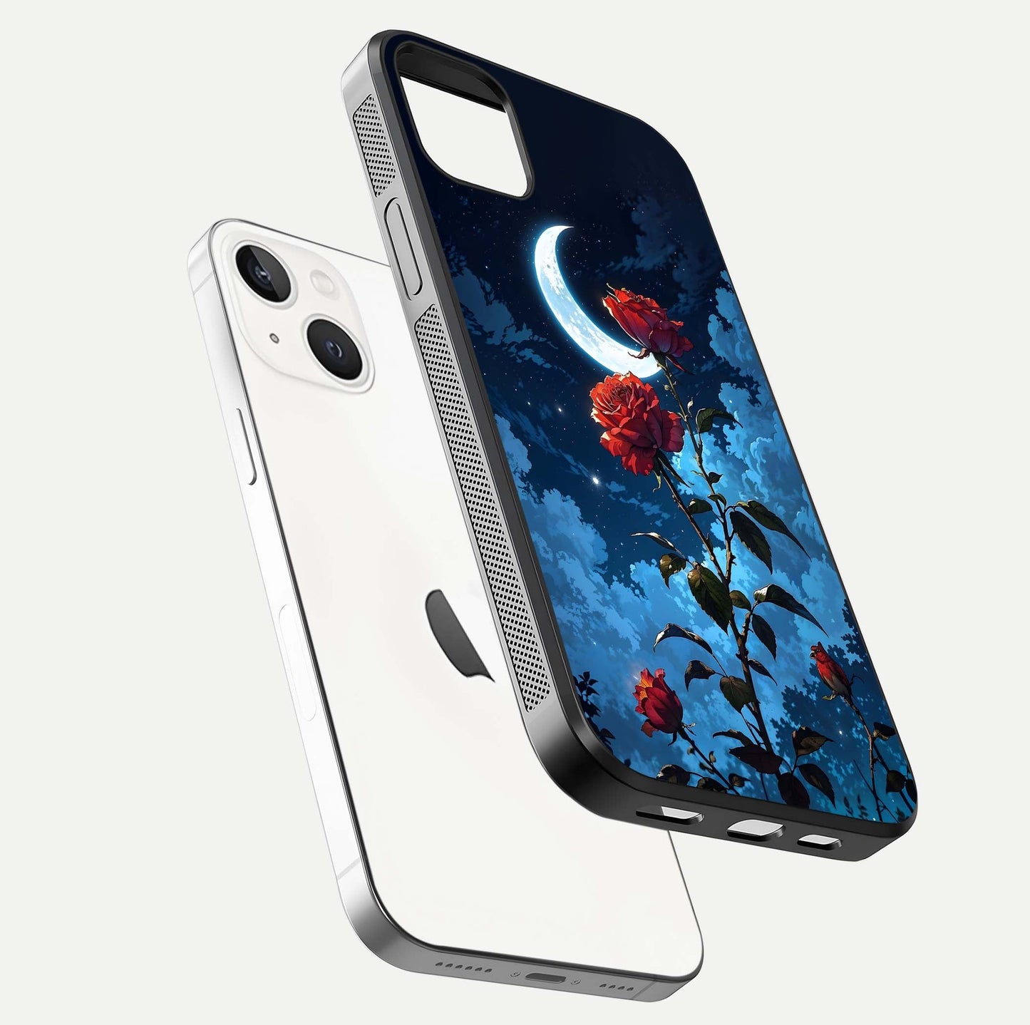 Crimson Rose Moon Glass Case for iPhone 14 Plus floating mockup showing HD shine and elegant contrast
