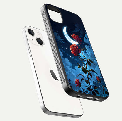 Crimson Rose Moon Glass Case for iPhone 14 Plus floating mockup showing HD shine and elegant contrast