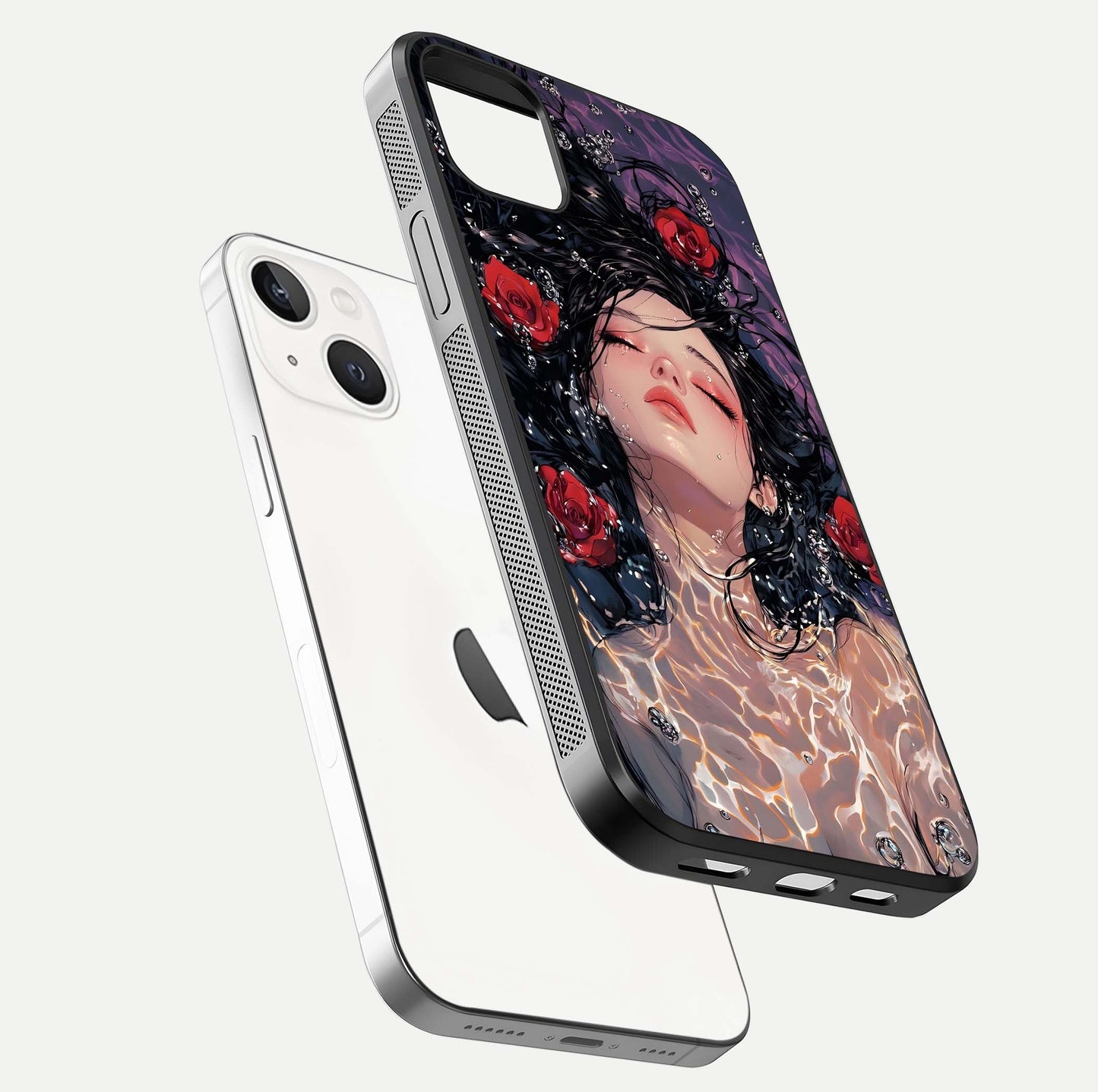 Crimson Rose Serenity Glass Case for iPhone 14 Plus floating mockup showing HD gloss and floral texture