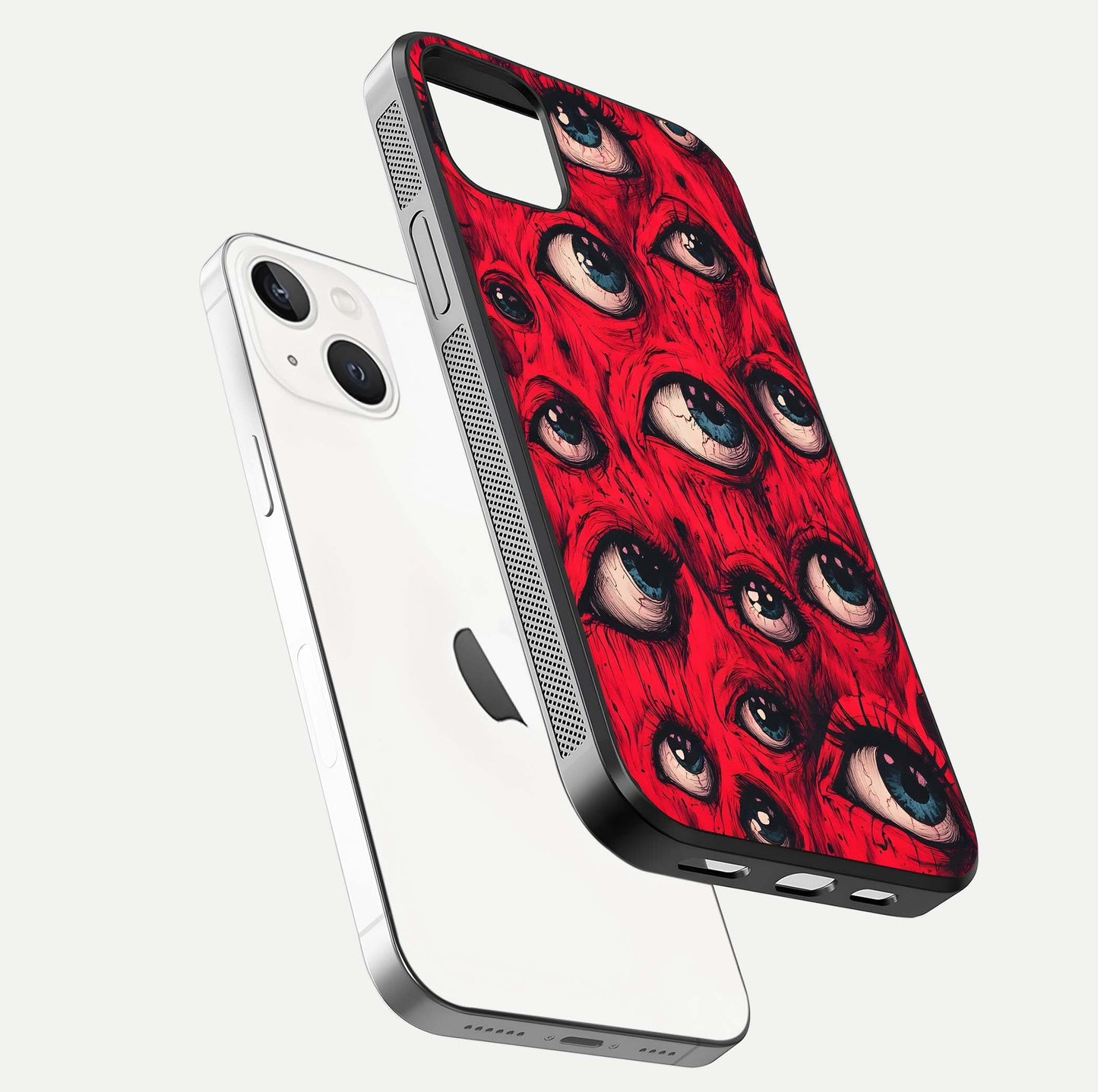 Crimson Watch Eyes Glass Case for iPhone 14 Plus floating mockup showing HD polish and bright gloss