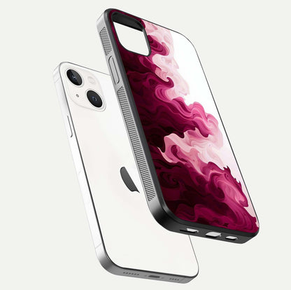 Crimson Wave Flow Glass Case for iPhone 14 Plus floating mockup showing gloss shine and smooth edge