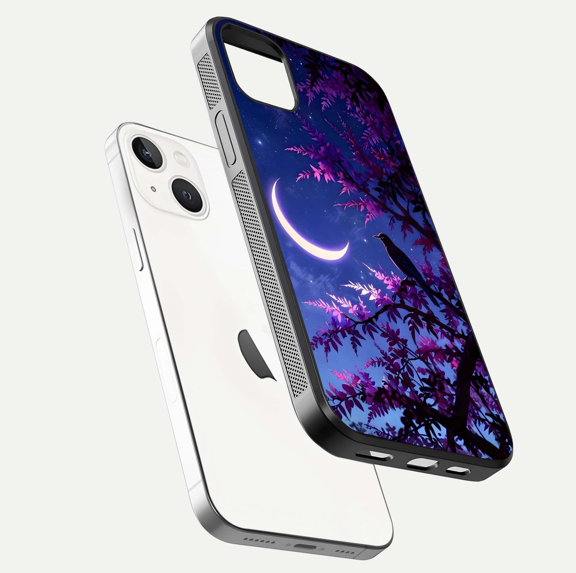 Crow & Moon Scenery Glass Case for iPhone 14 Plus floating mockup showing HD gloss texture and soft moonlight glow