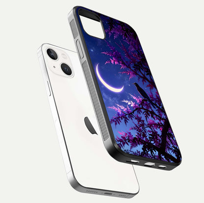 Crow & Moon Scenery Glass Case for iPhone 14 Plus floating mockup showing HD gloss texture and soft moonlight glow