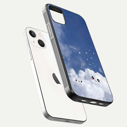 Cute Blossom Cloud Glass Case for iPhone 14 Plus floating mockup showing HD shine and soft gradient finish