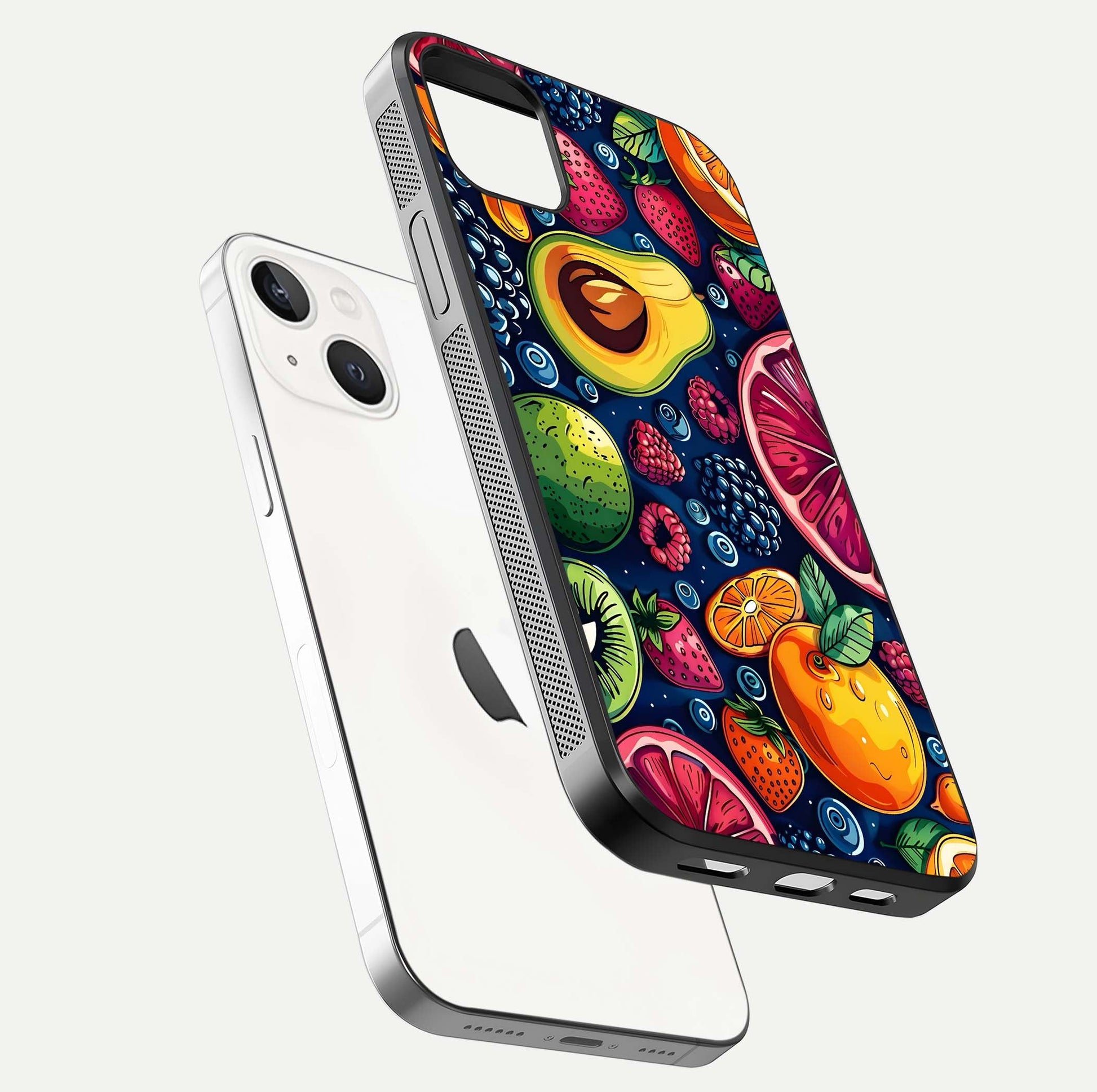 Cute Fruits Art Glass Case for iPhone 14 Plus floating mockup showing gloss brightness and vivid artwork