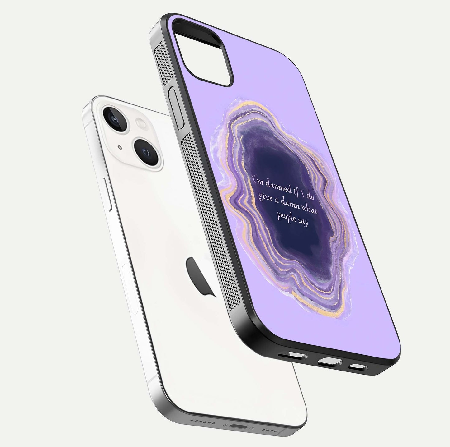 Damned People Quote Glass Case for iPhone 14 Plus floating mockup showing gloss reflection and text balance