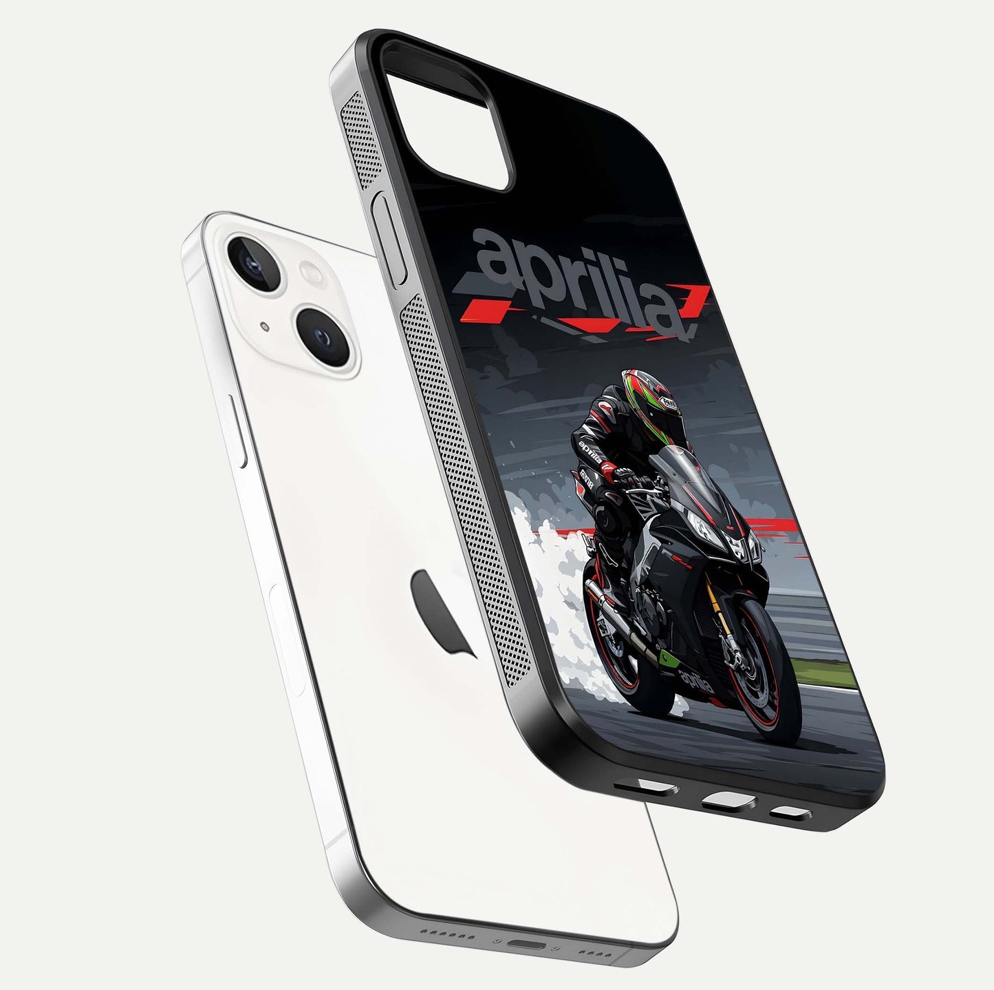 Dark Aprilla Glass Case for iPhone 14 Plus floating mockup showing glossy contrast and texture clarity