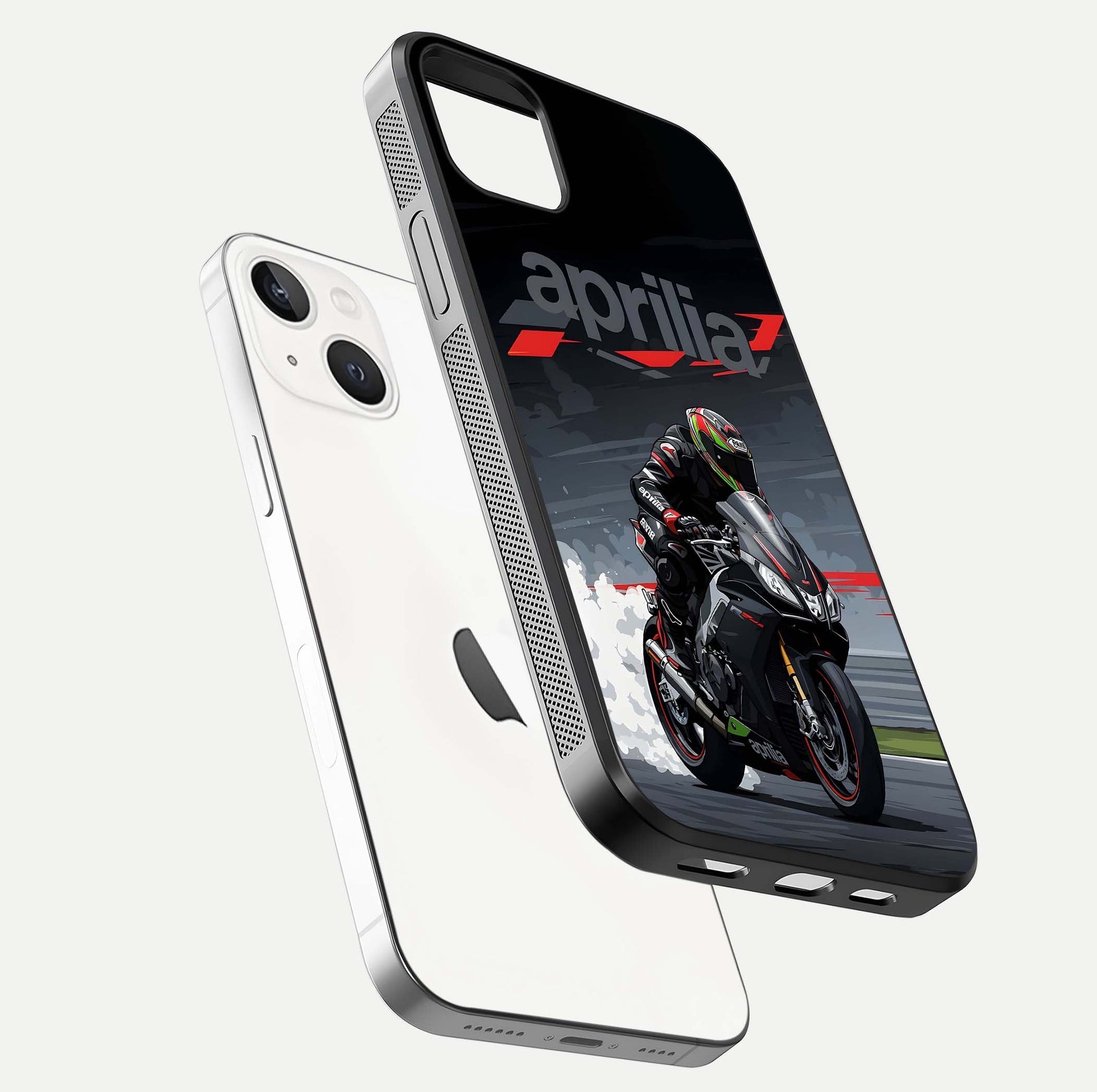 Dark Aprilla Glass Case for iPhone 14 Plus floating mockup showing glossy contrast and texture clarity