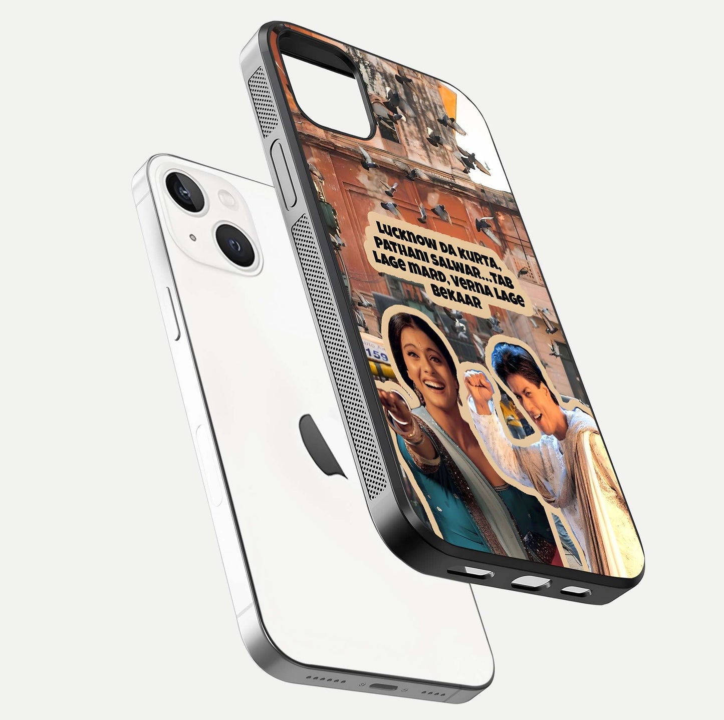 Desi Retro Vibes Glass Case for iPhone 14 Plus floating mockup showing shine polish and vivid tones