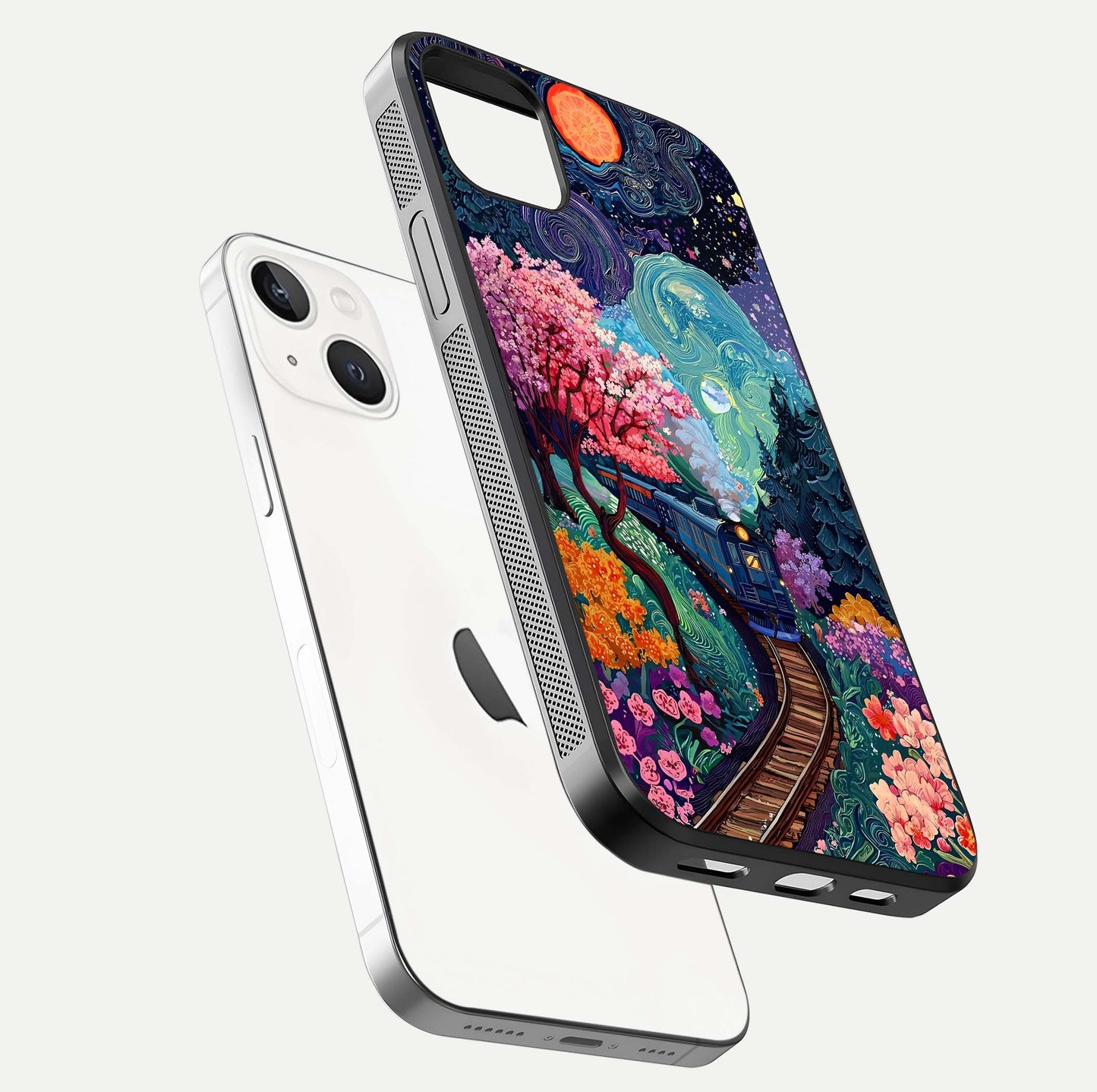 Digital Art Glass Case for iPhone 14 Plus floating mockup showing HD gloss and smooth reflection
