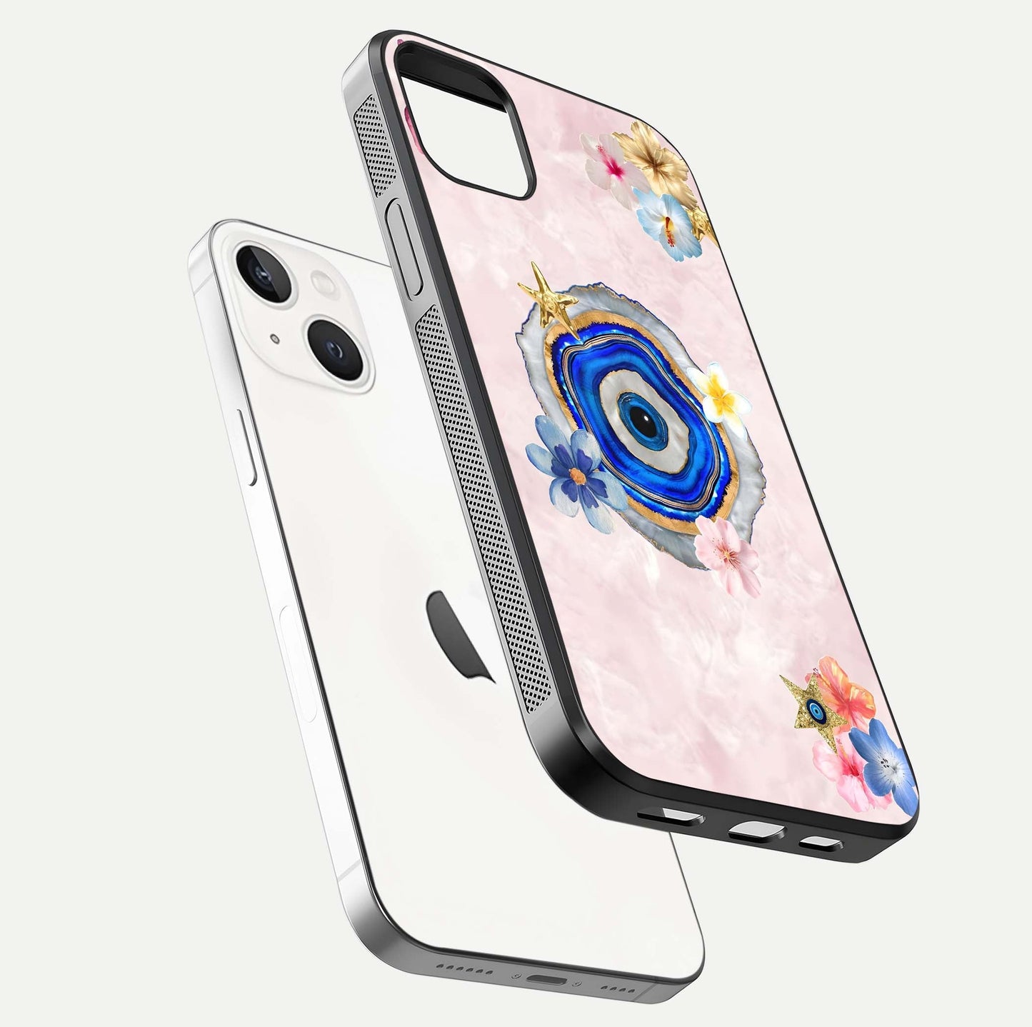 Divine Aura Bloom Glass Case for iPhone 14 Plus floating mockup showing gloss texture and elegant design