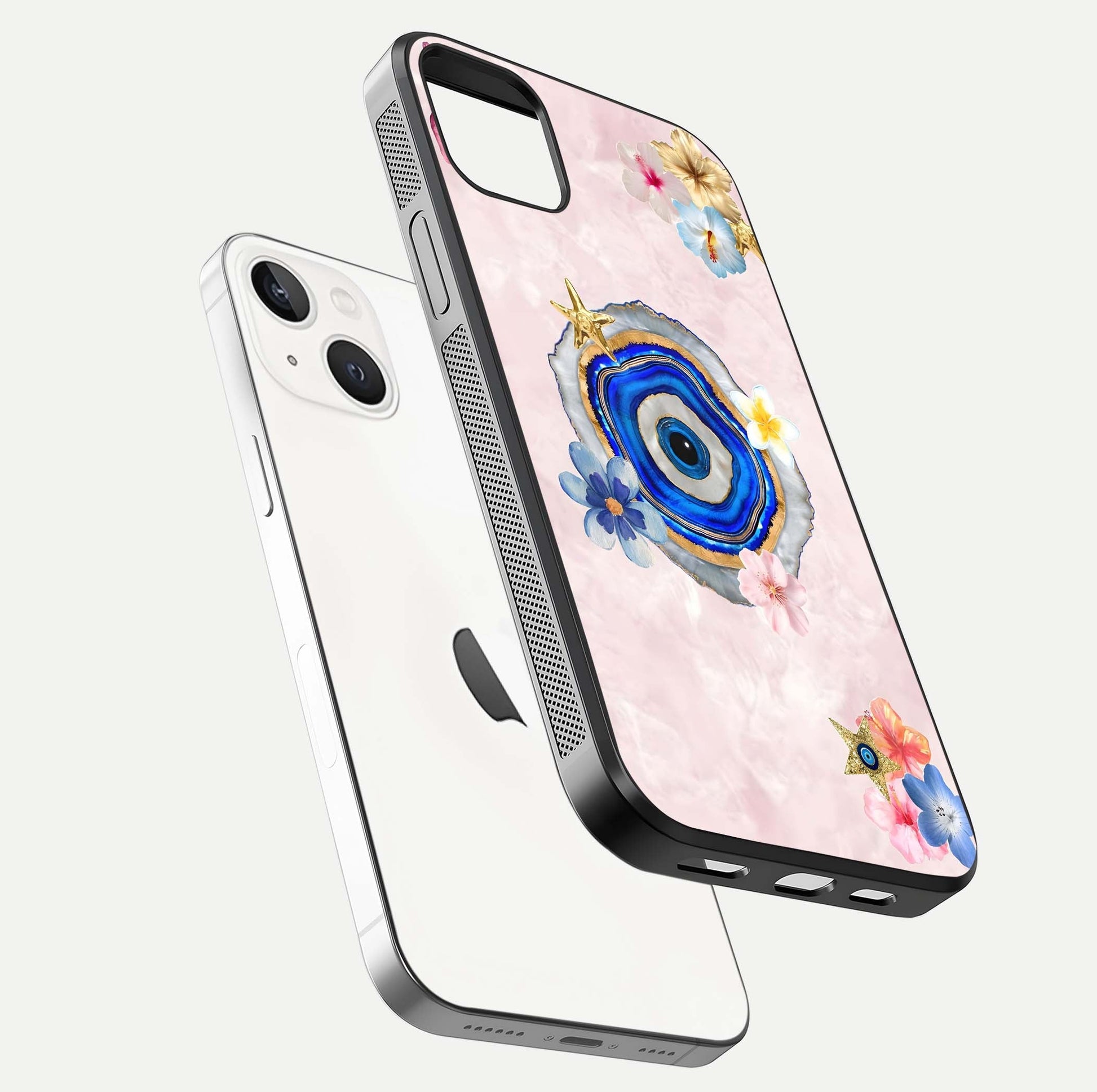 Divine Aura Bloom Glass Case for iPhone 14 Plus floating mockup showing gloss texture and elegant design