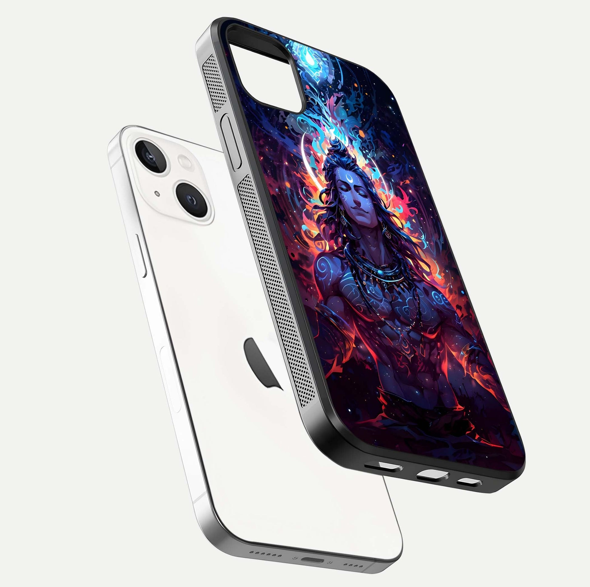 Divine Fire Shiv Glass Case for iPhone 14 Plus floating mockup showing glow texture and gloss finish