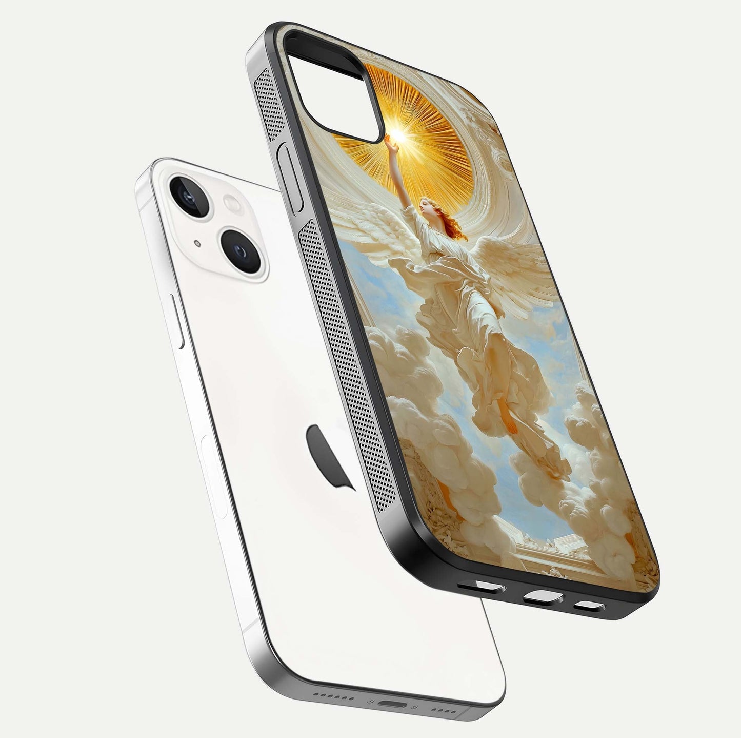 Divine Light Angel Glass Case for iPhone 14 Plus floating mockup showing gloss texture and radiant light
