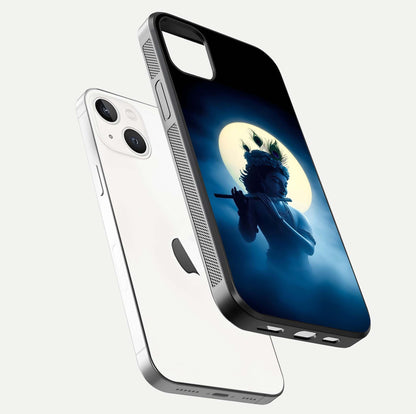 Divine Moon Flute Glass Case for iPhone 14 Plus floating mockup showing HD gloss and luminous texture