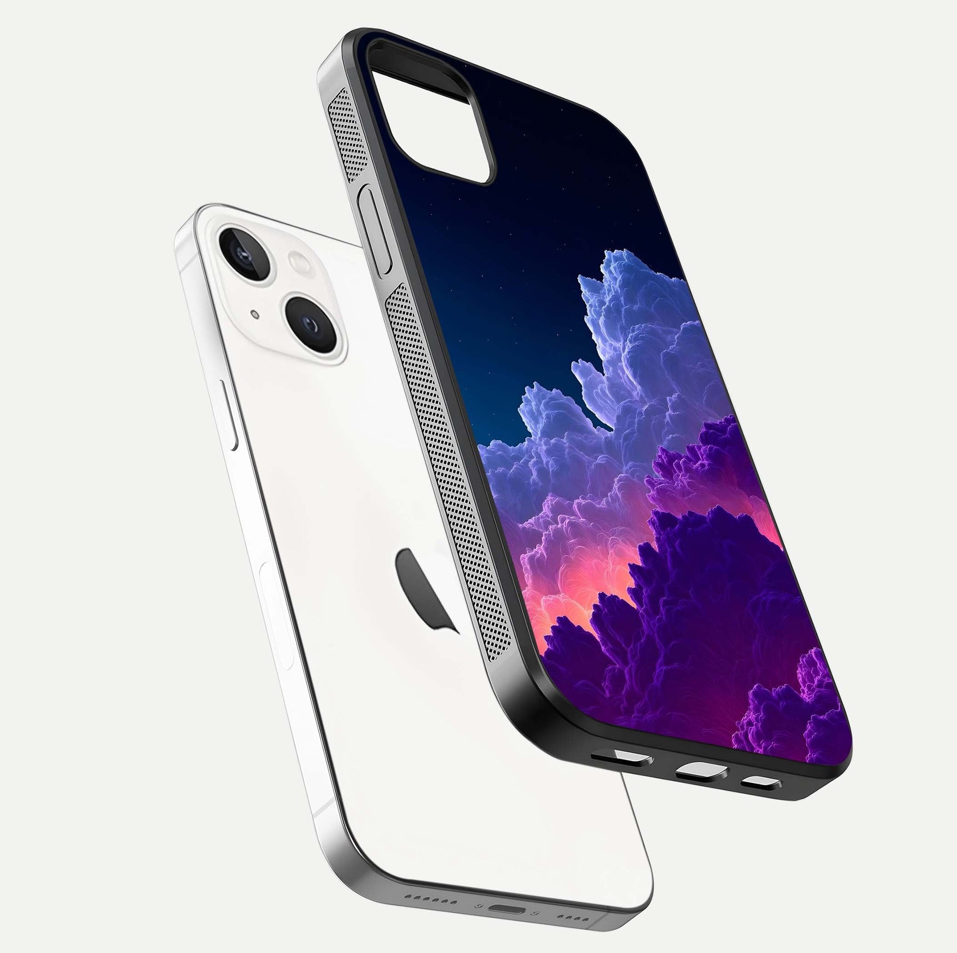 Dreamy Cloud Skies Glass Case for iPhone 14 Plus floating mockup showing glossy depth and delicate tone