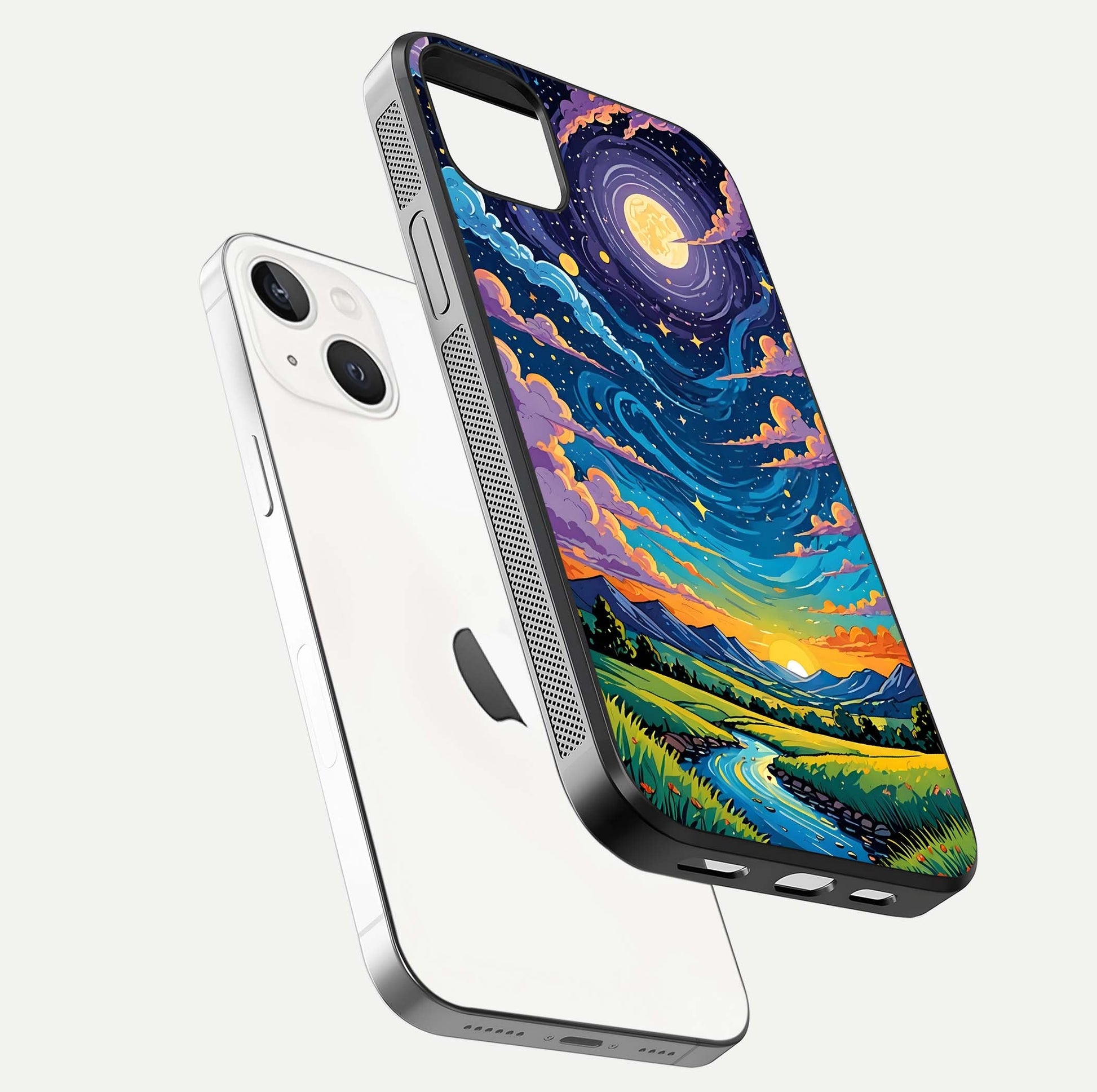 Dreamy Night Landscape Glass Case for iPhone 14 Plus floating mockup showing glossy depth and serene color