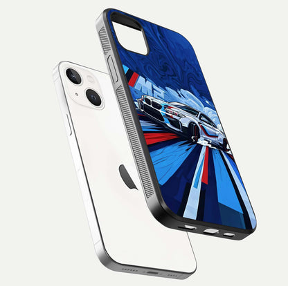 Drift Power Rush Glass Case for iPhone 14 Plus floating mockup showing gloss polish and speed-theme design