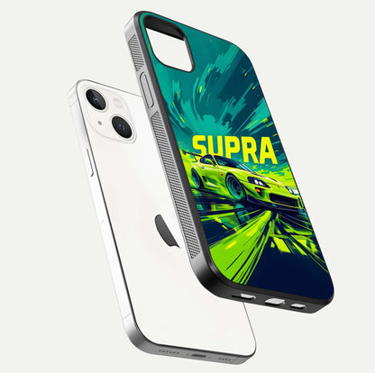 Electric Supra Thunder Glass Case for iPhone 14 Plus floating mockup showing gloss depth and energy glow