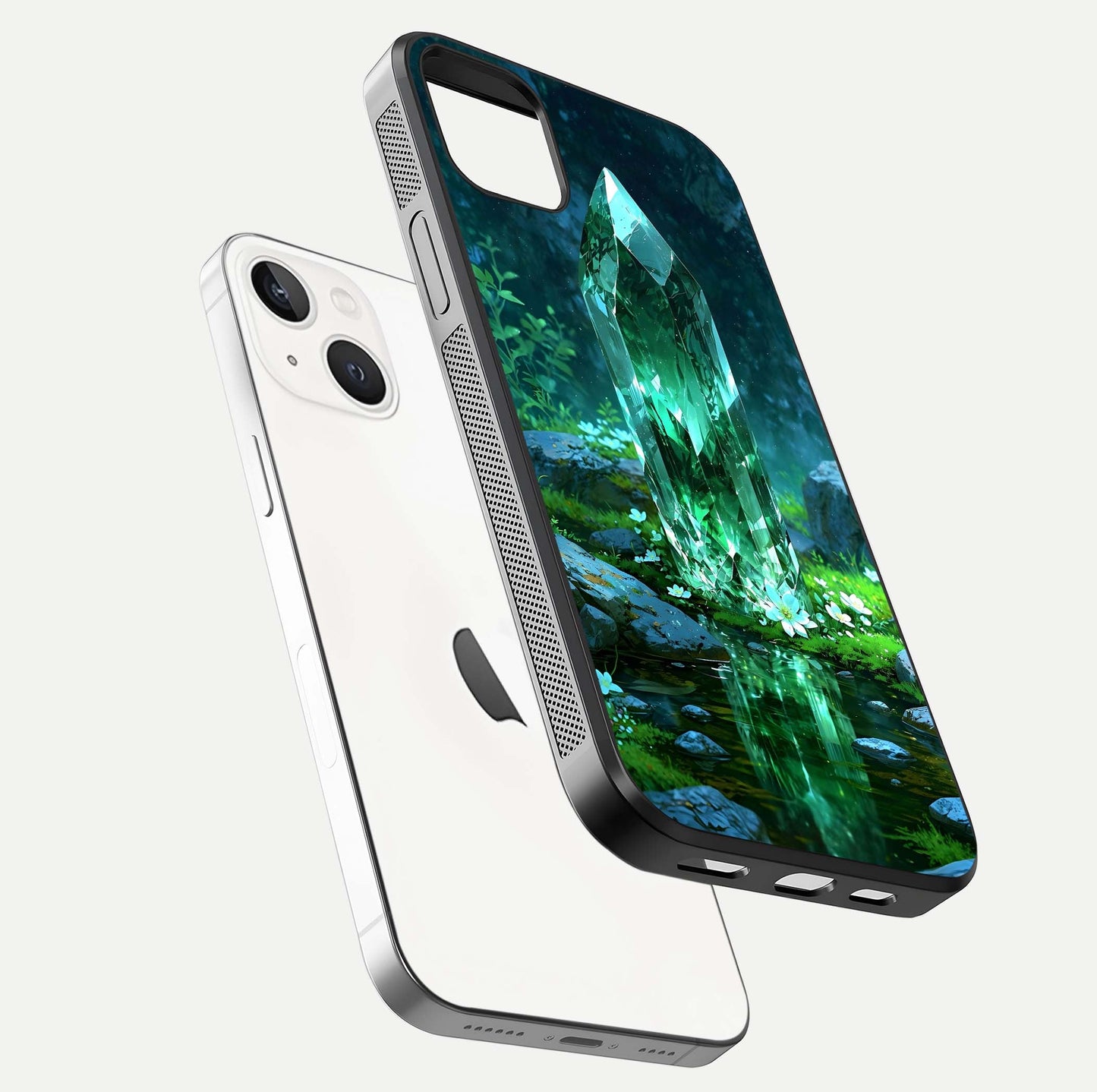 Emerald Light Crystal Glass Case for iPhone 14 Plus floating mockup showing glossy finish and radiant light pattern