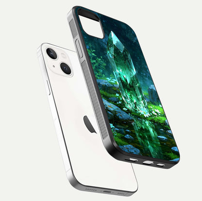 Emerald Light Crystal Glass Case for iPhone 14 Plus floating mockup showing glossy finish and radiant light pattern