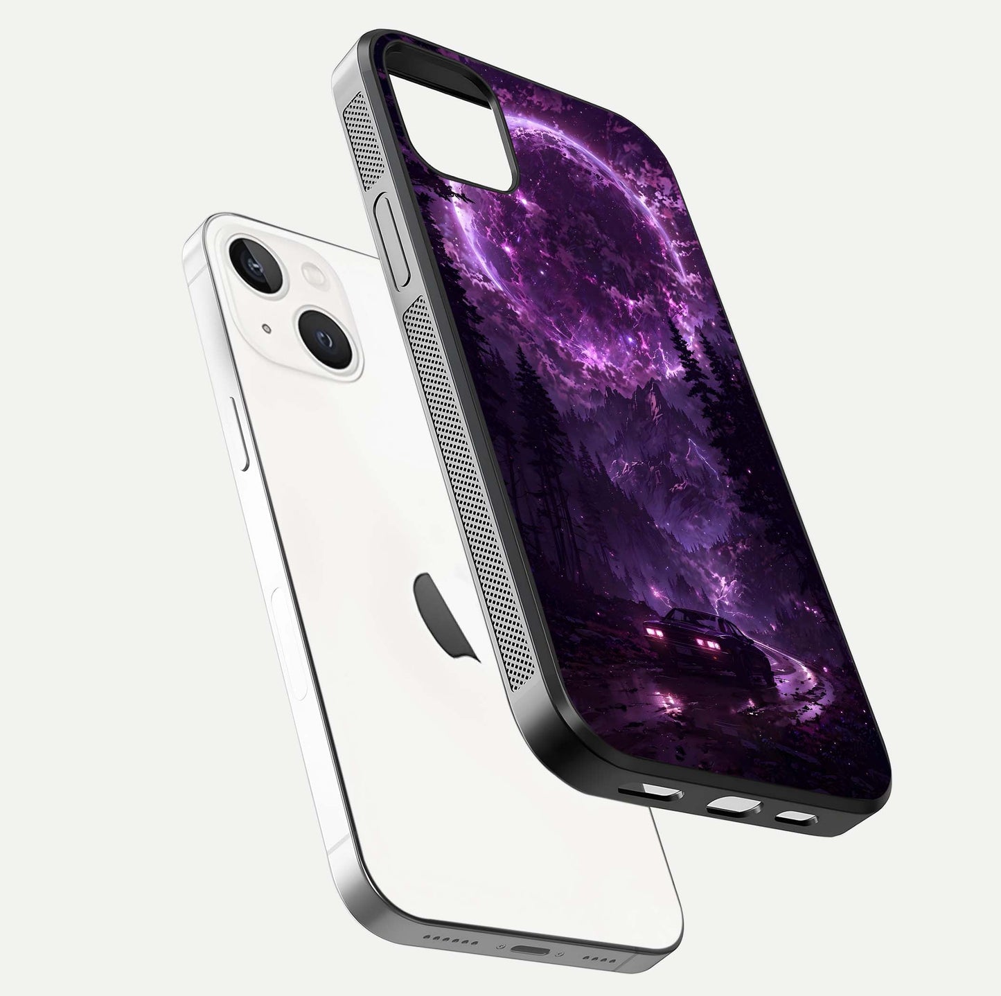 Eternal Cosmic Drive Glass Case for iPhone 14 Plus floating mockup showing glossy polish and vivid glow