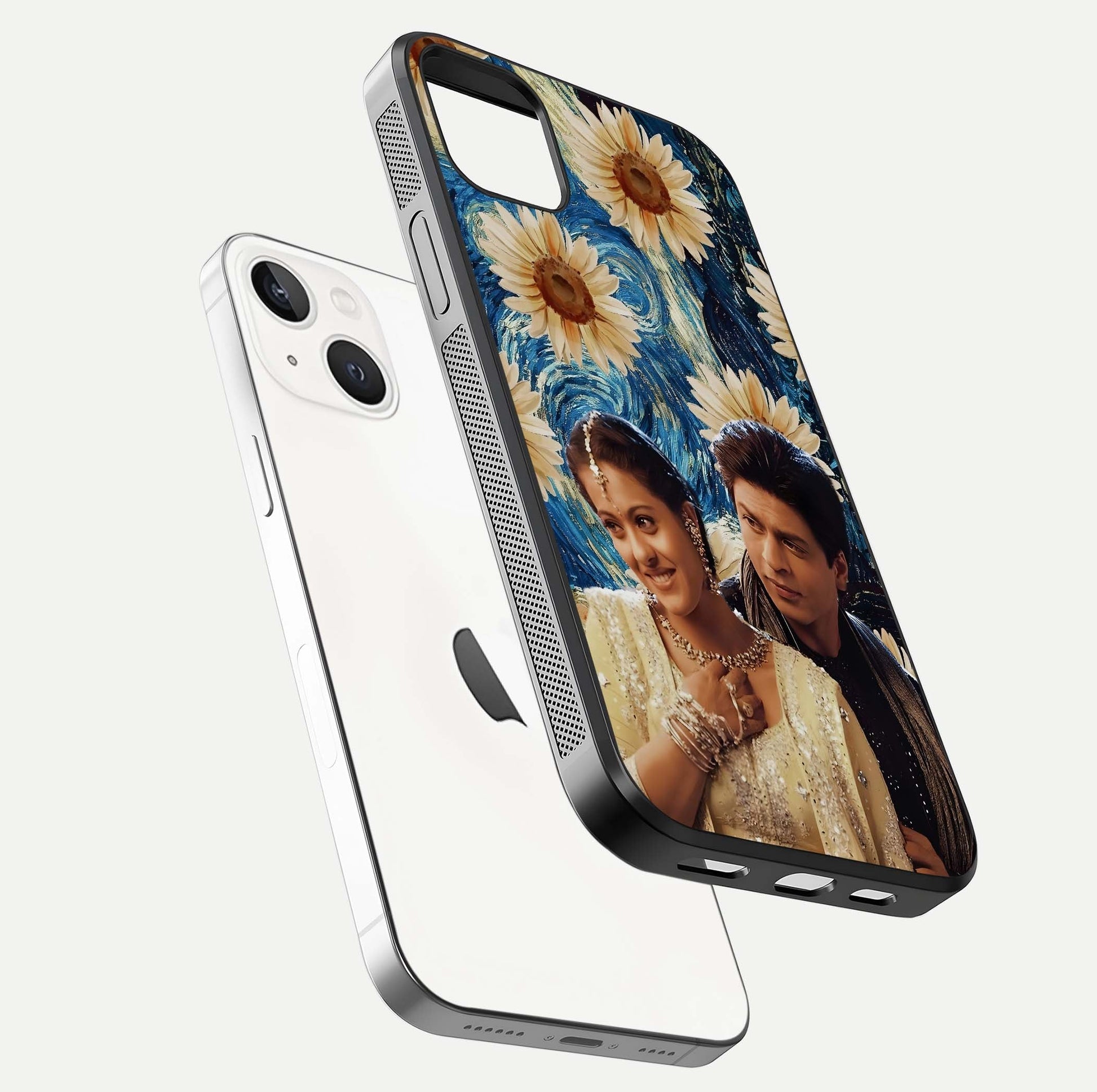 Eternal Love Story Glass Case for iPhone 14 Plus floating mockup showing glossy shine and romantic tone