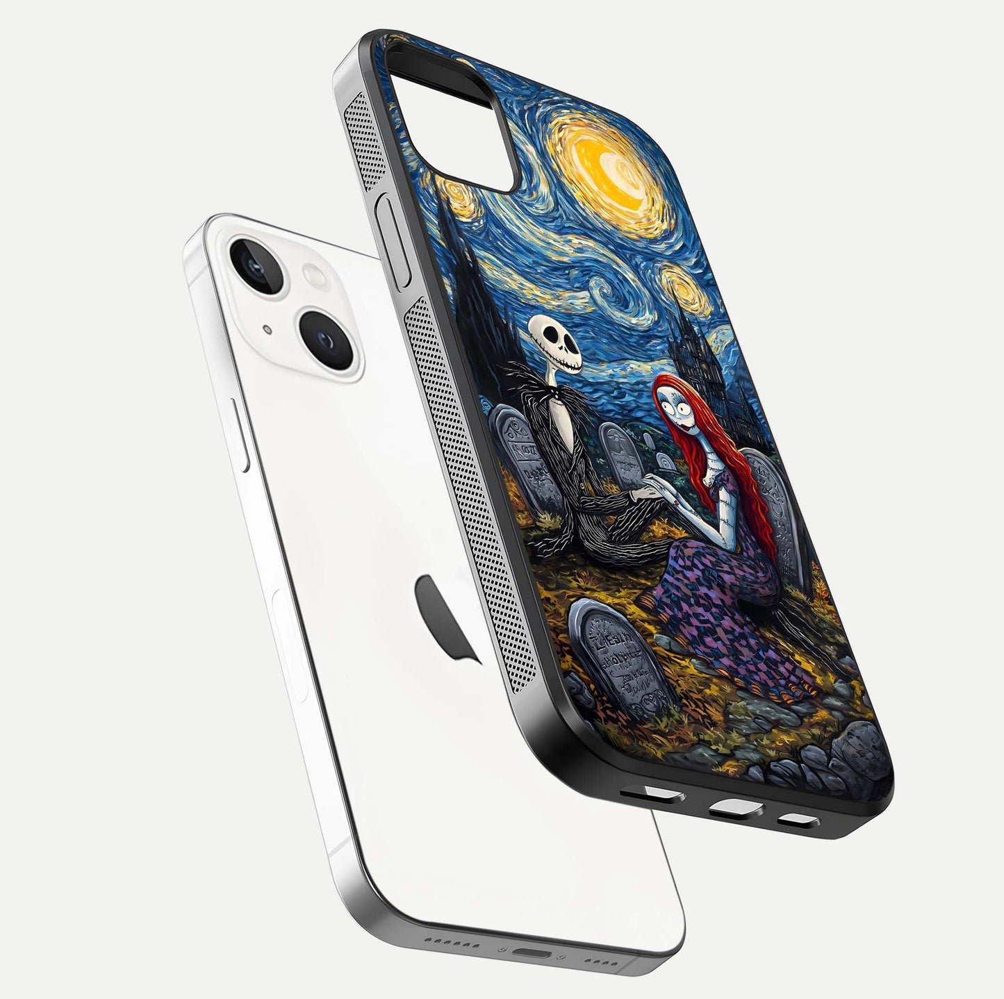 Eternal Night Love Glass Case for iPhone 14 Plus floating mockup showing gloss brightness and romantic vibe