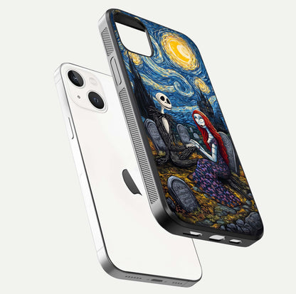 Eternal Night Love Glass Case for iPhone 14 Plus floating mockup showing gloss brightness and romantic vibe