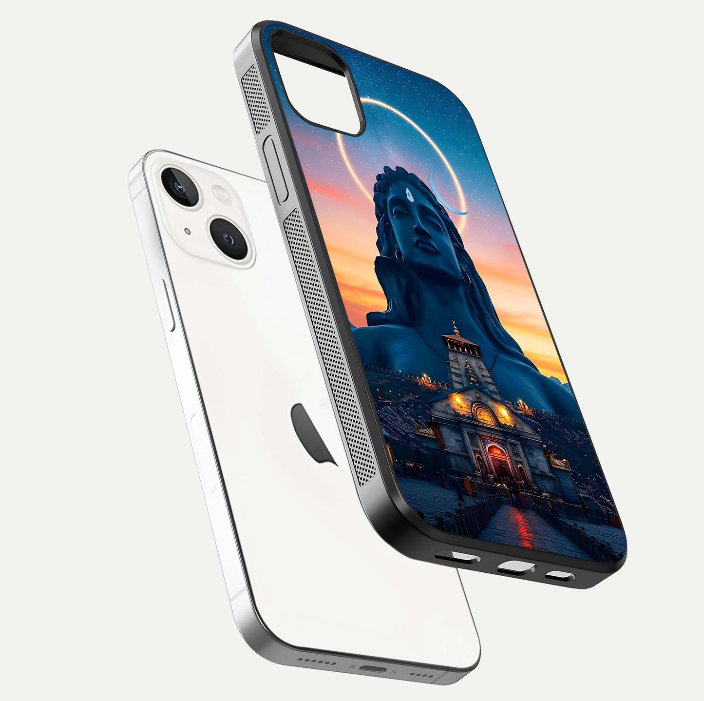 Eternal Shiva Aura Glass Case for iPhone 14 Plus floating mockup showing gloss texture and spiritual glow