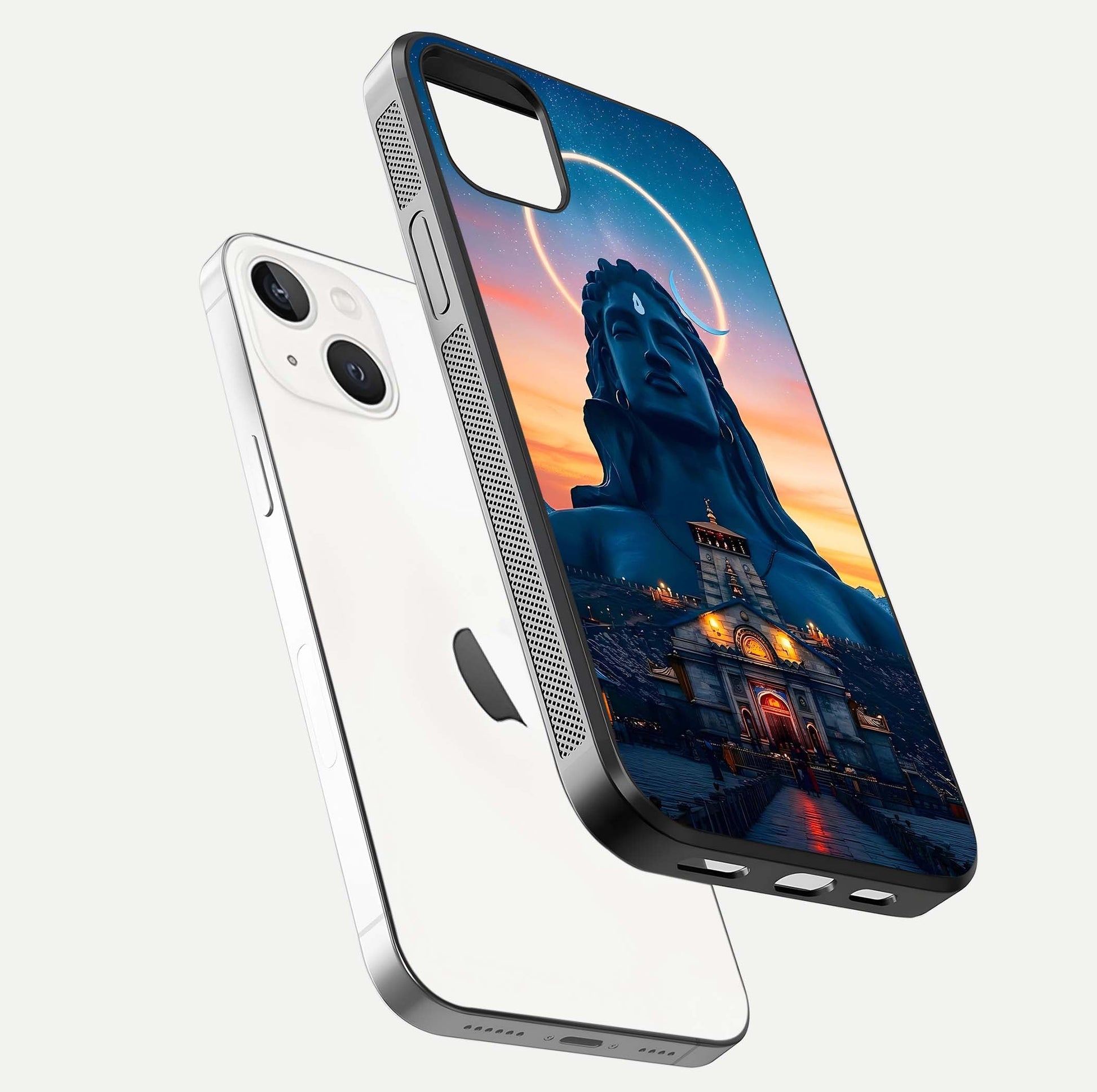 Eternal Shiva Aura Glass Case for iPhone 14 Plus floating mockup showing gloss texture and spiritual glow