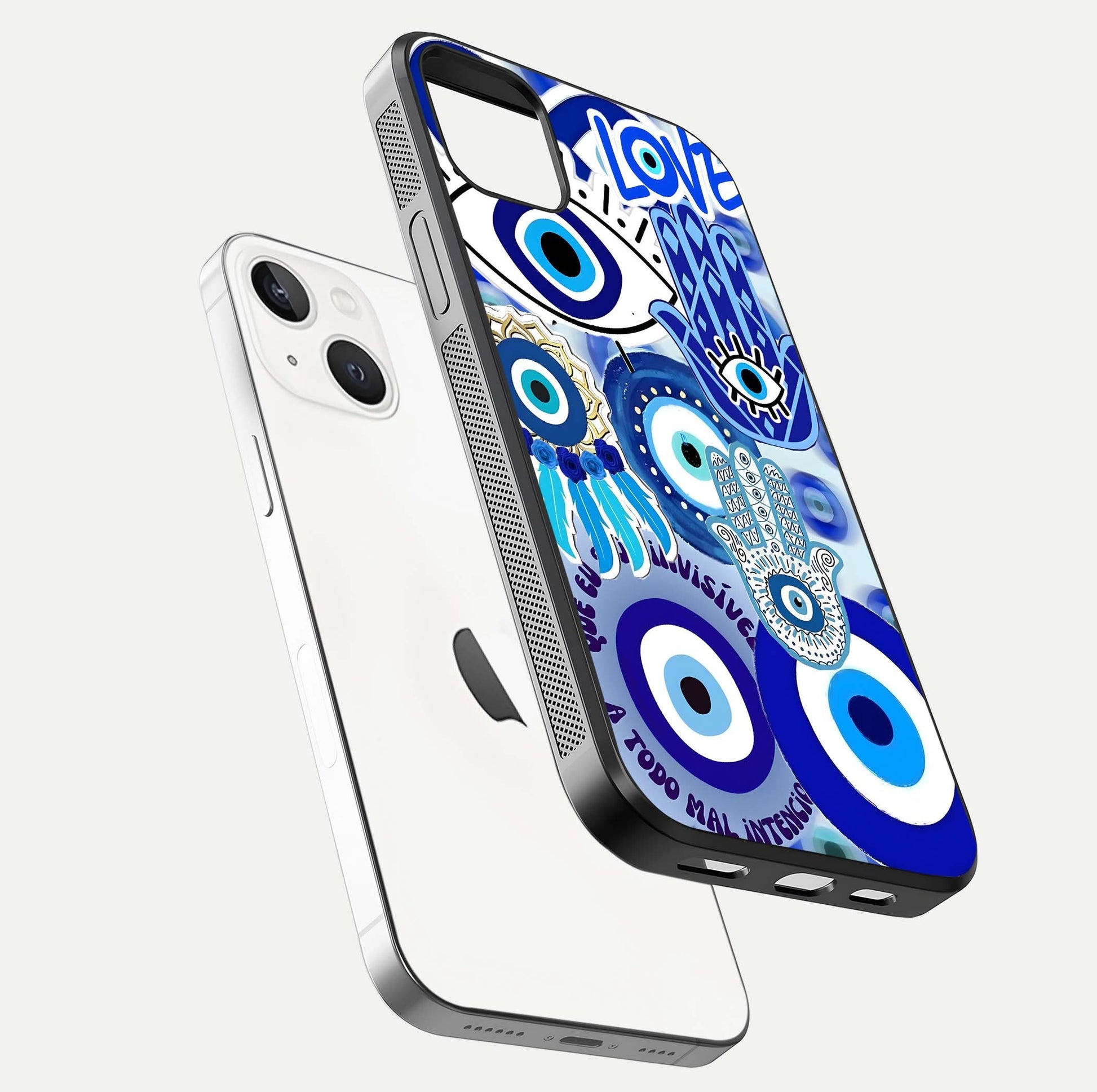 Evil Eyes Dream Glass Case for iPhone 14 Plus floating mockup showing glossy shine and elegant pattern clarity