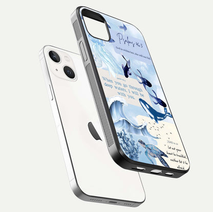 Faithful Ocean Promise Glass Case for iPhone 14 Plus floating mockup displaying glossy surface and vivid depth