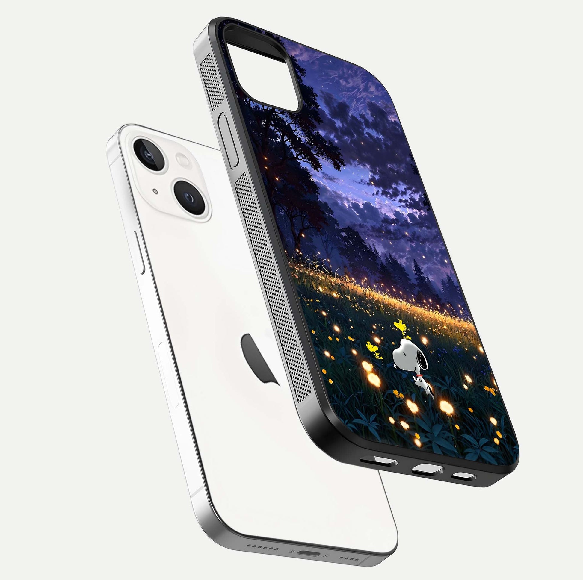 Firefly Meadow Magic Glass Case for iPhone 14 Plus floating mockup showing gloss polish and magical night hues