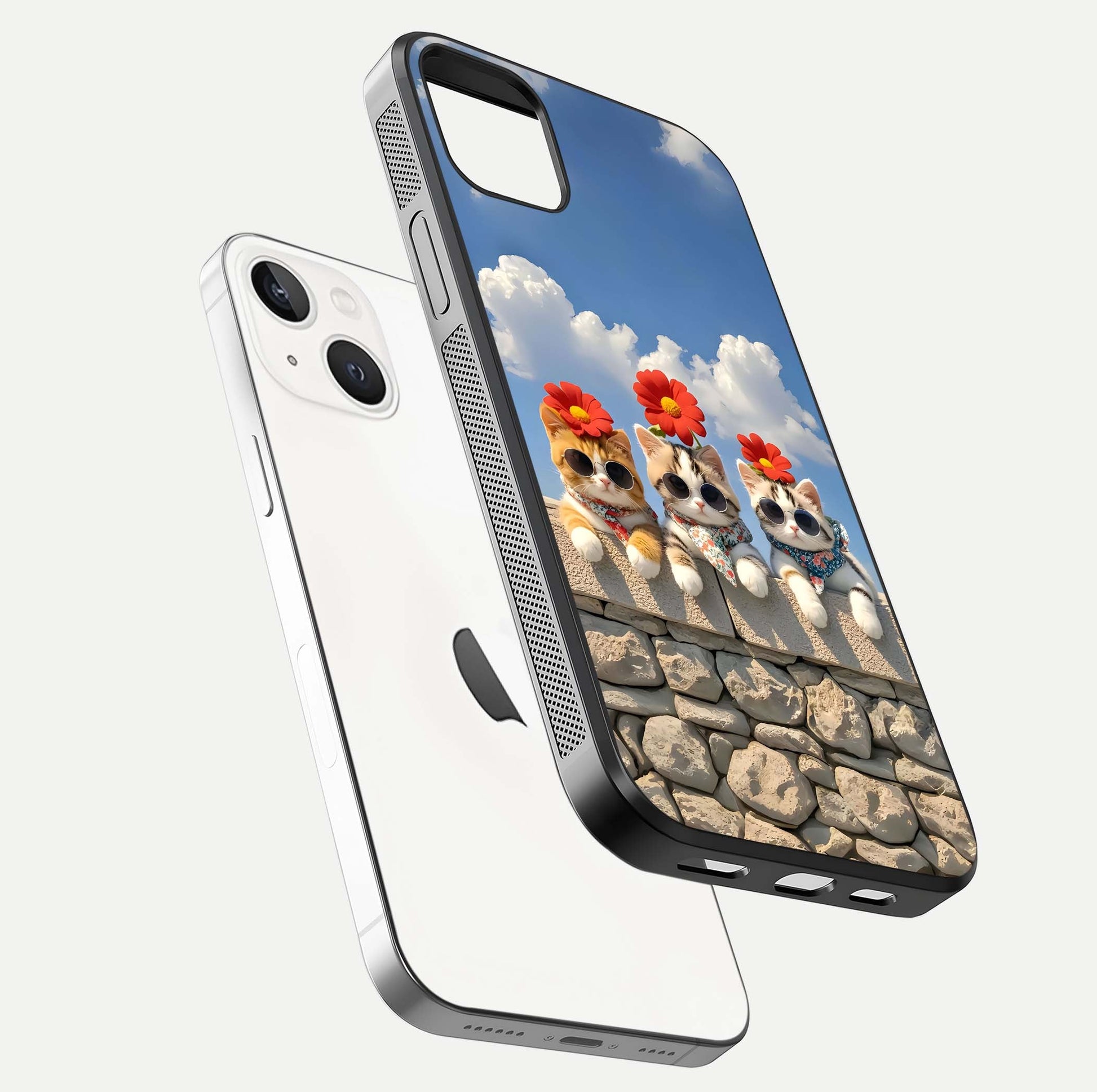 Floral Kitty Squad Glass Case for iPhone 14 Plus floating mockup showing gloss texture and playful charm