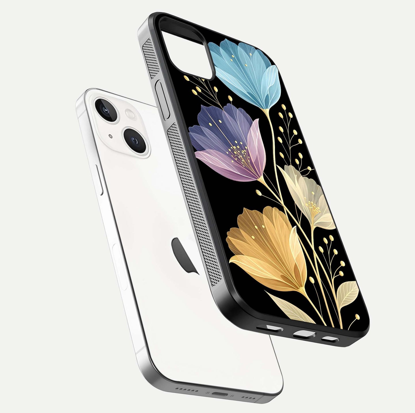 Flower Bloom Glow Glass Case for iPhone 14 Plus floating mockup showing HD shine and artistic detail