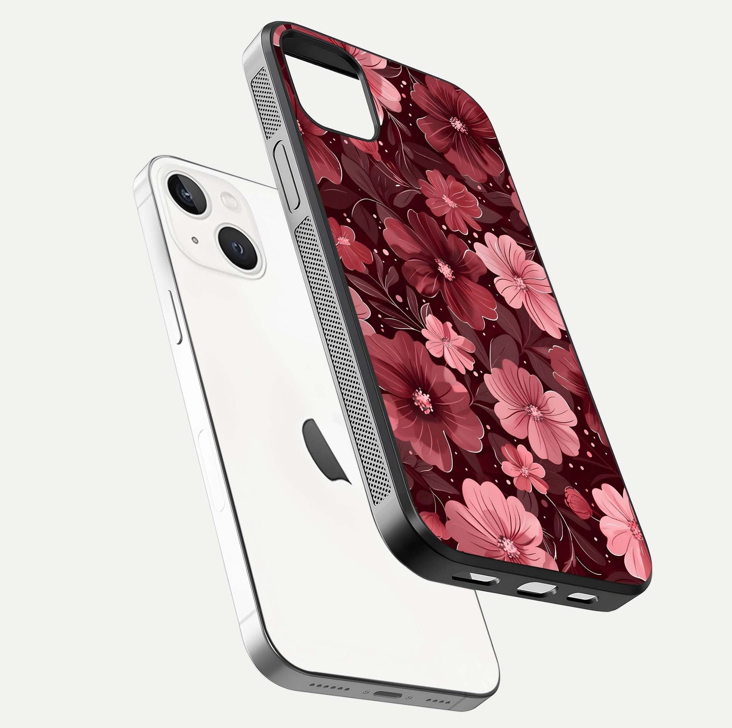 Flower Blush Bloom Glass Case for iPhone 14 Plus floating mockup showing shine polish and elegant look