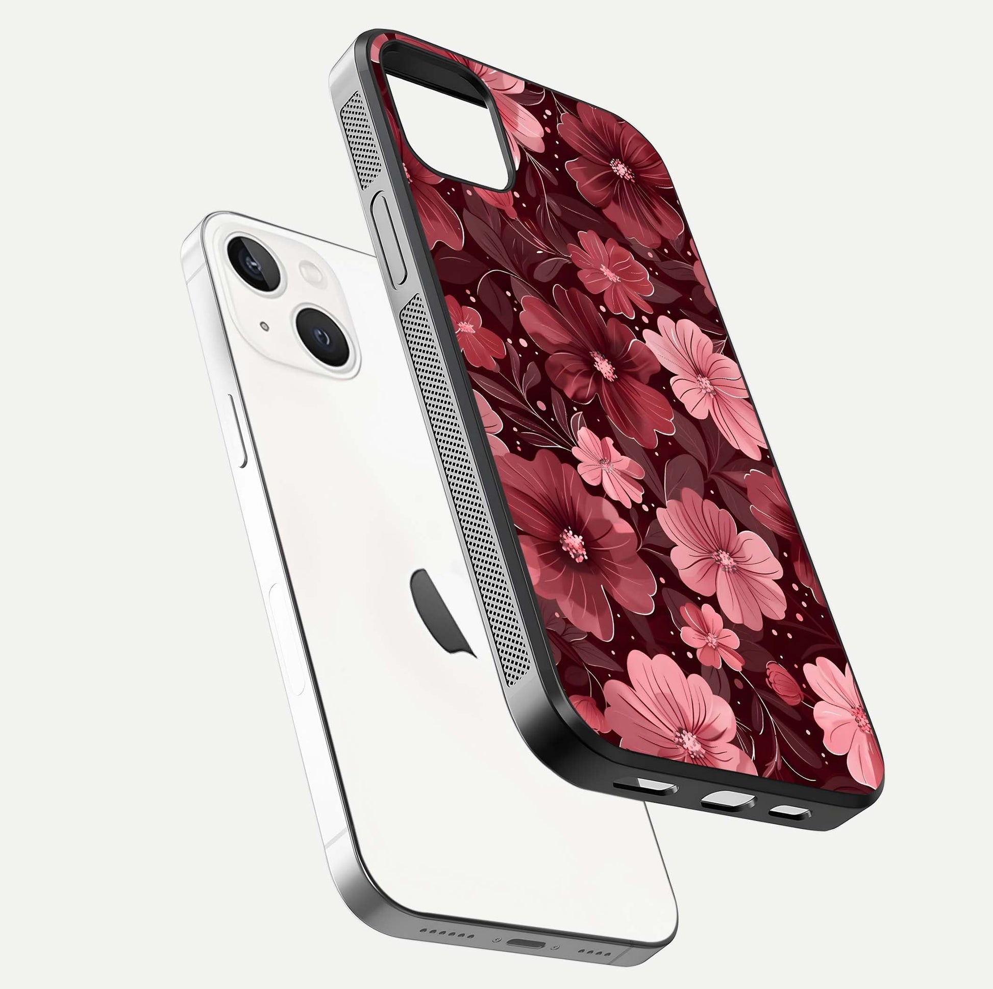 Flower Blush Bloom Glass Case for iPhone 14 Plus floating mockup showing shine polish and elegant look