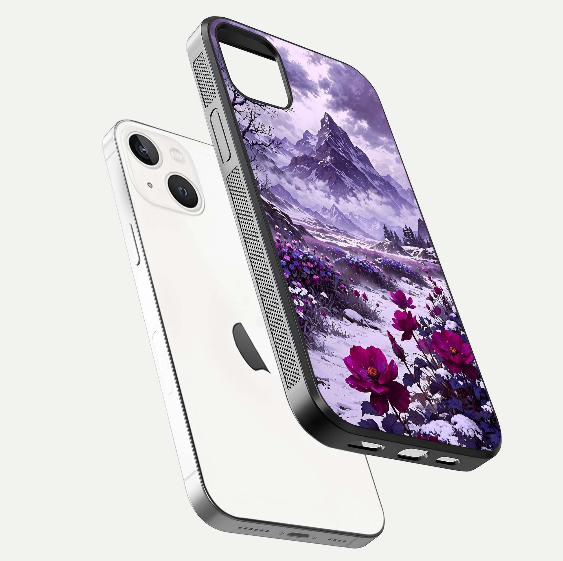 Flower Mountain View Glass Case for iPhone 14 Plus floating mockup showing reflection glow and artistic clarity