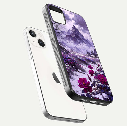 Flower Mountain View Glass Case for iPhone 14 Plus floating mockup showing reflection glow and artistic clarity
