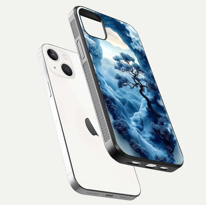 Frozen Serenity Gate Glass Case for iPhone 14 Plus floating mockup showing glossy depth and crystal glow