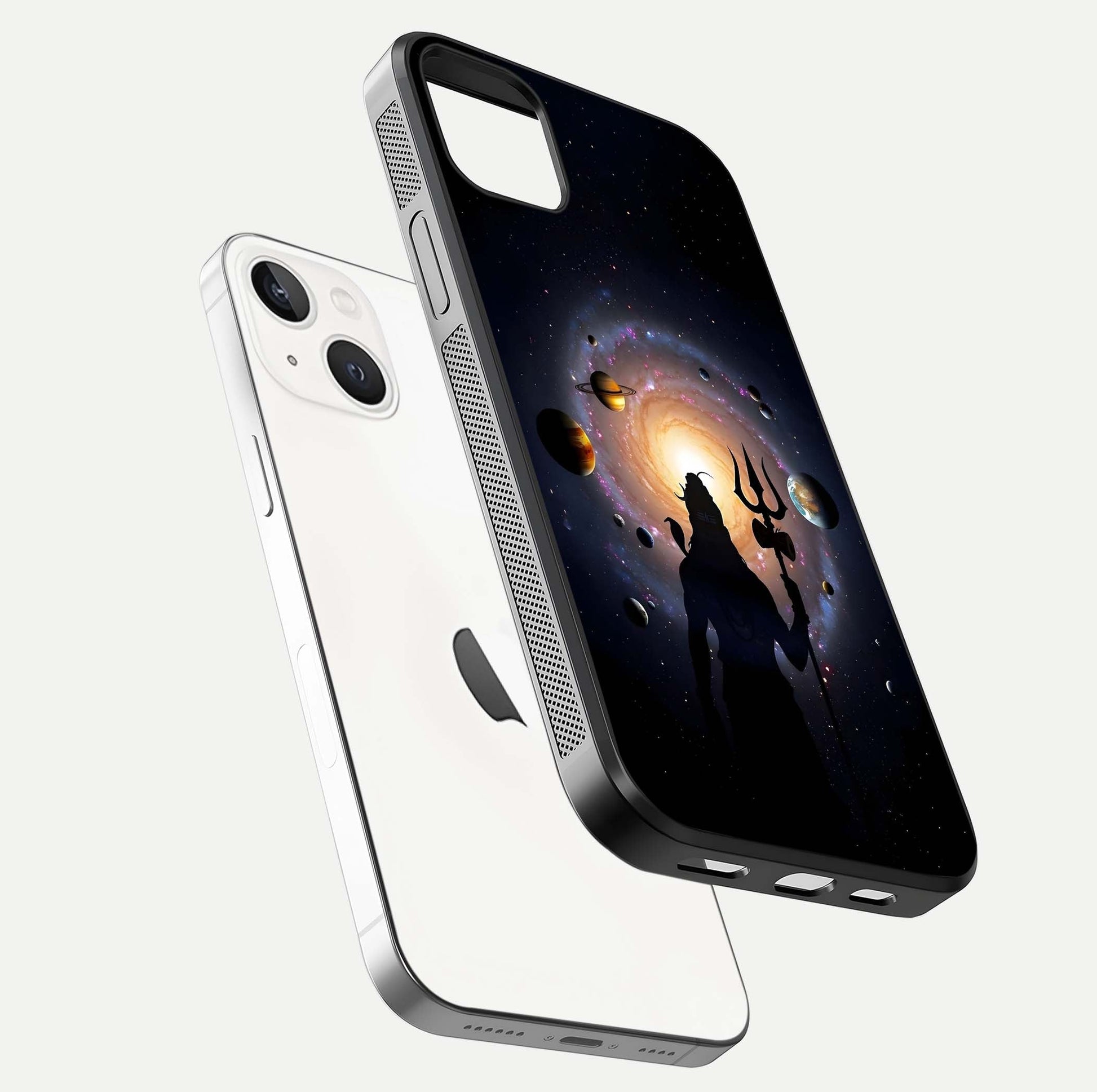 Galactic Shiva Vision Glass Case for iPhone 14 Plus floating dual-view mockup displaying vibrant cosmic colors and smooth gloss texture